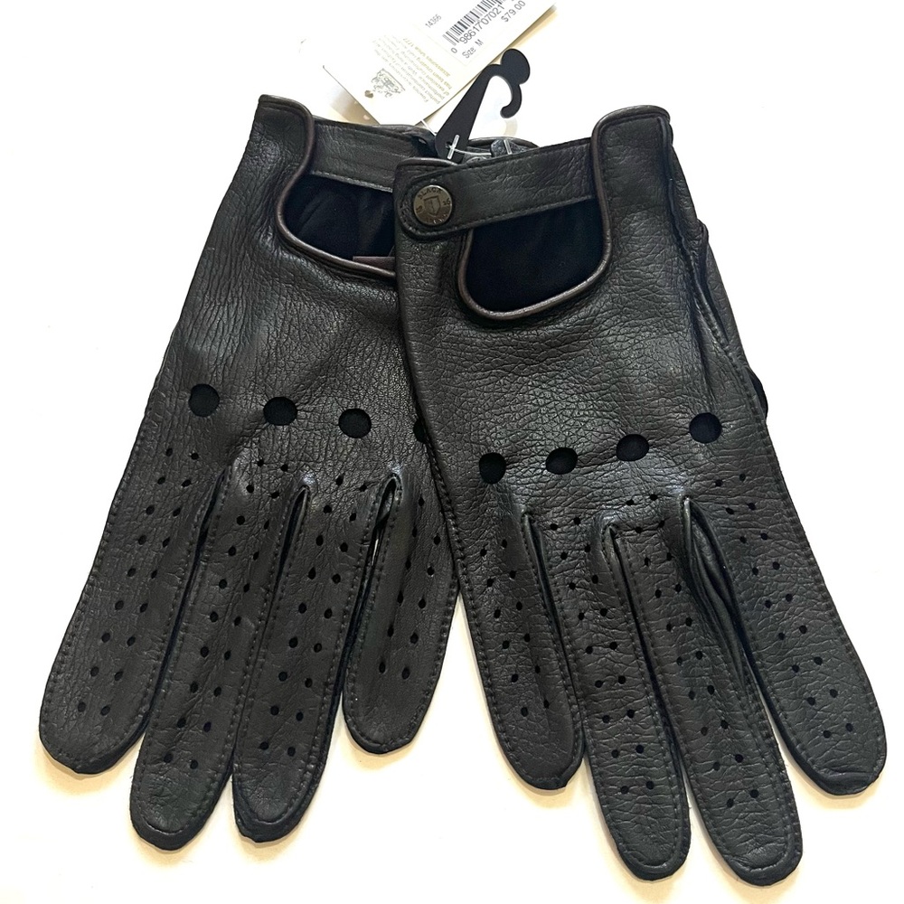 FOWNES BROTHERS Men's Black Brown Leather Perforated Driving Gloves M